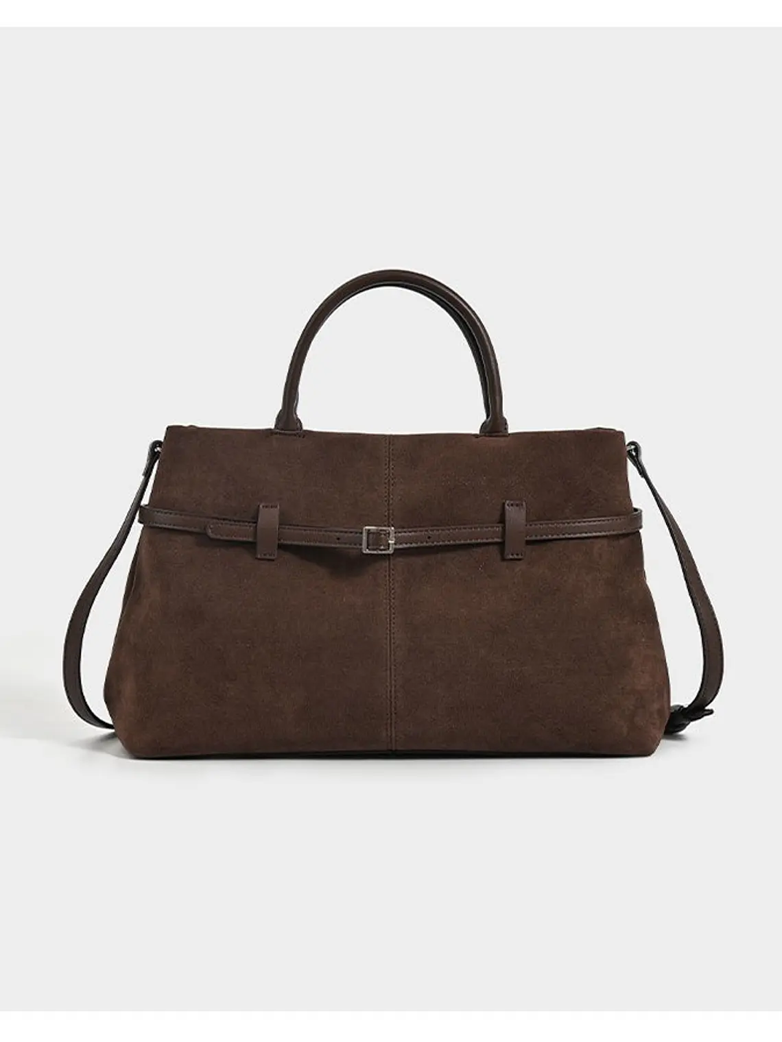 Bolso tote de gamuza con cinturón decorativo y asa tubular — volumen generoso, estilo sobrio 1
