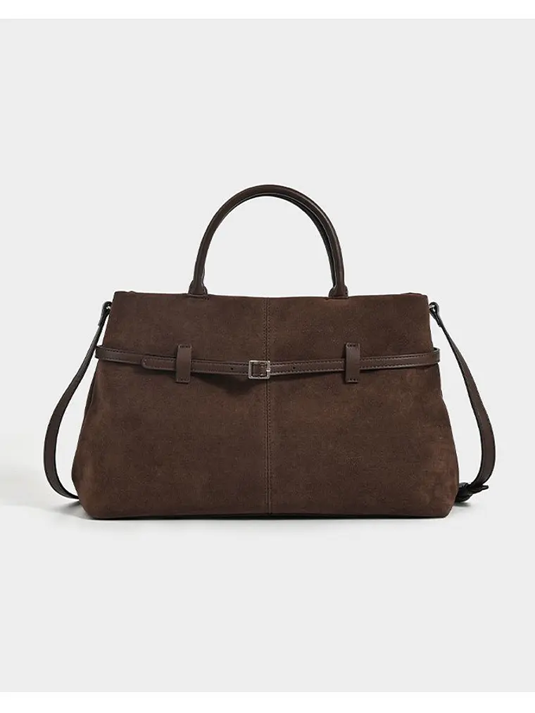 Bolso tote de gamuza con cinturón decorativo y asa tubular — volumen generoso, estilo sobrio 1