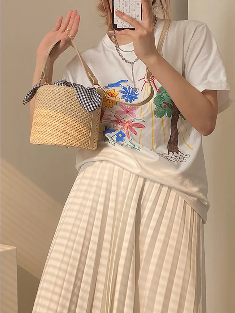 Bolso cubo de paja trenzada con asa de cuero y lazo escocés — estilo veraniego 4
