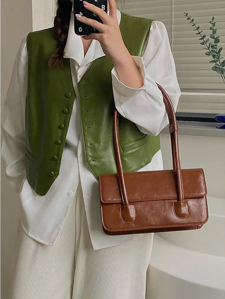 Bolso de hombro con solapa y cuero sintético con acabado tipo cera — estilo urbano clásico 1