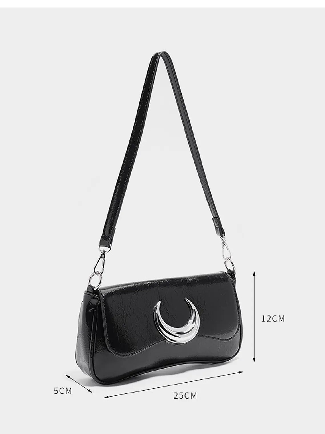 Bolso de hombro negro con luna plateada y cadena intercambiable 7