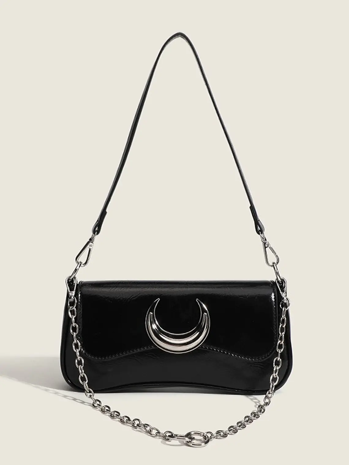 Bolso de hombro negro con luna plateada y cadena intercambiable 5