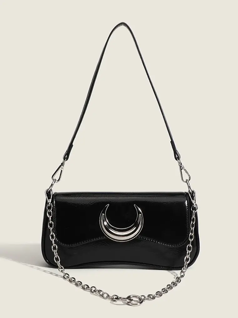 Bolso de hombro negro con luna plateada y cadena intercambiable 5