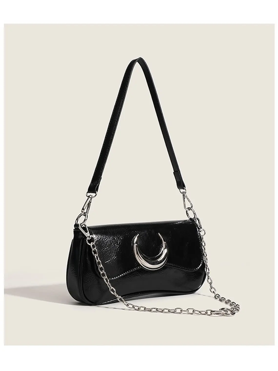 Bolso de hombro negro con luna plateada y cadena intercambiable 6