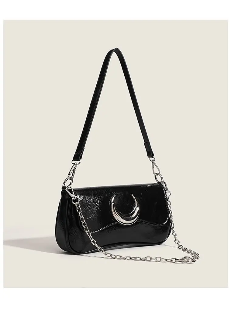 Bolso de hombro negro con luna plateada y cadena intercambiable 6