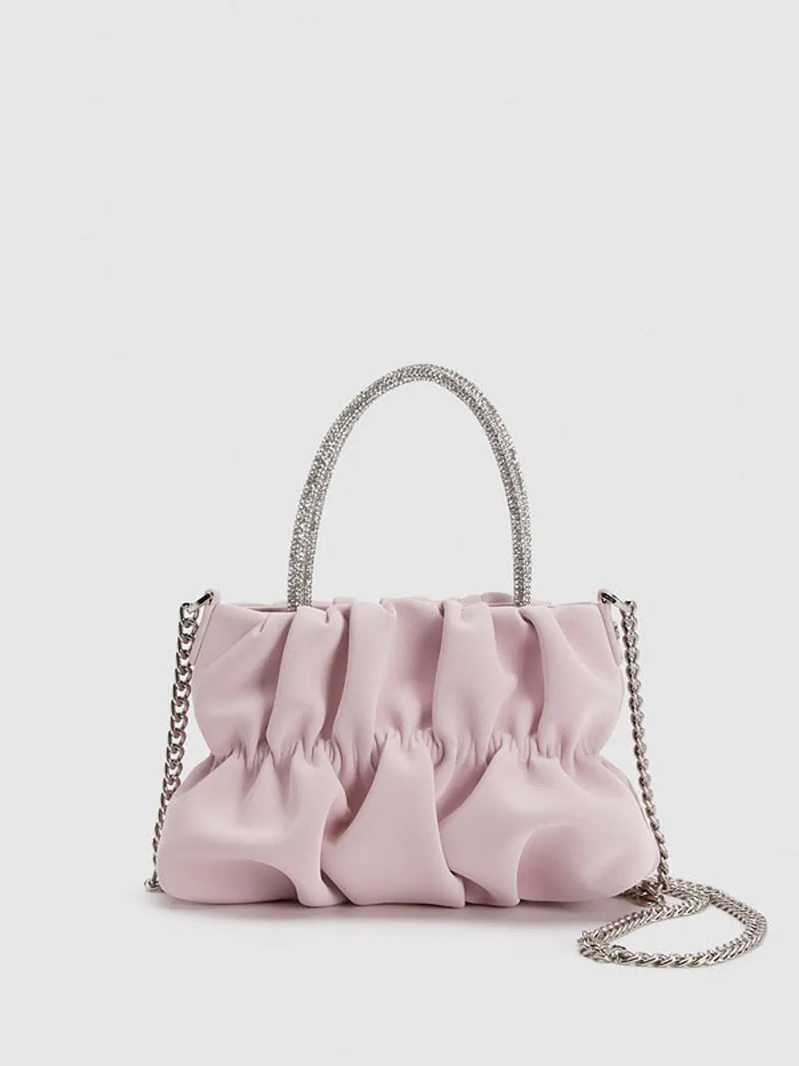 Bolso nube plisado con asa de strass y cadena plateada 5