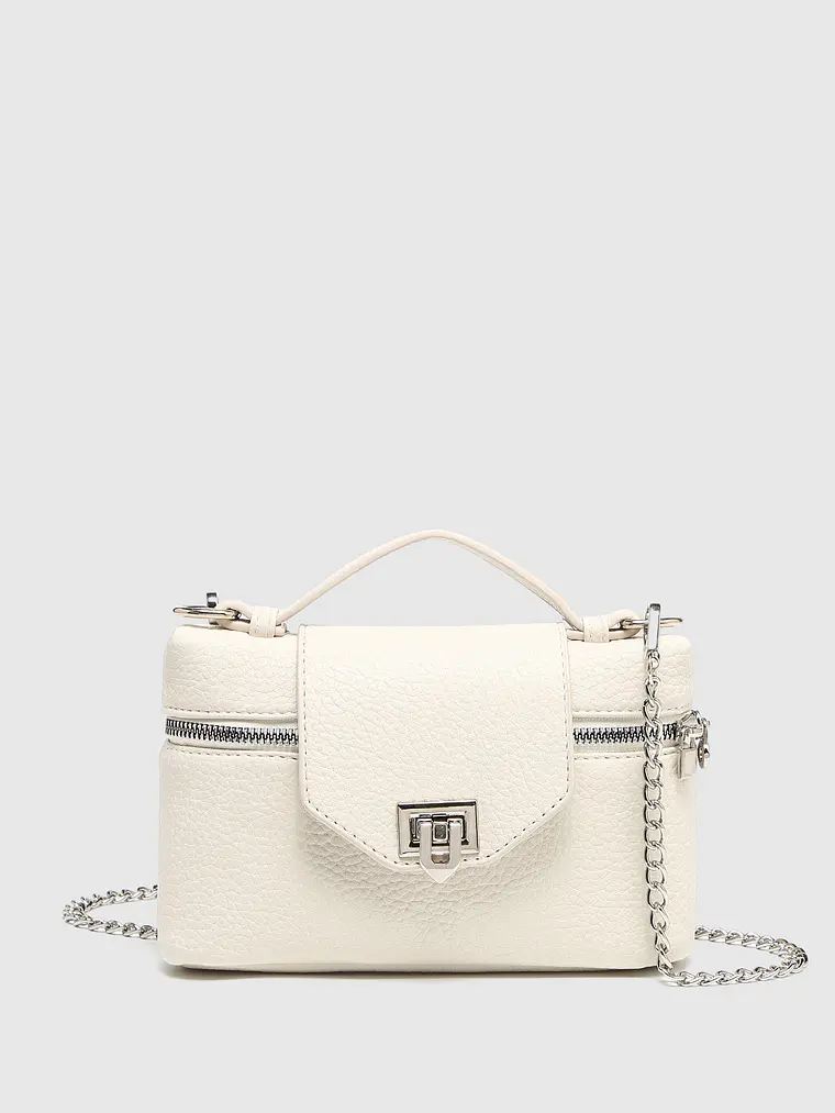 Bolso Mini Caja con Cierre de Candado y Cadena Plateada 7