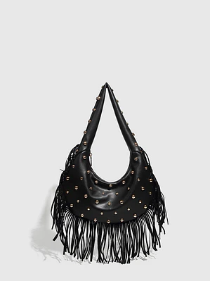 Bolso Hobo con Flecos y Tachas Doradas · Silueta Media Luna · Estilo Boho Urbano