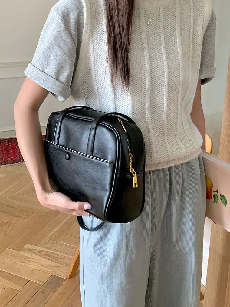 Bolso Bowling con Bolsillo Frontal · Asas Largas Dobles · Estilo Urbano Retro 2