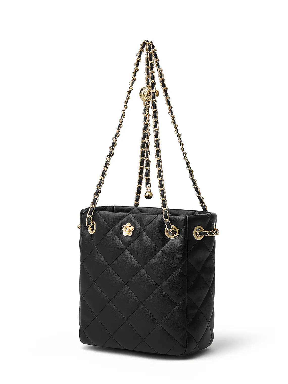 Bolso Bucket Mini Acolchado con Cadena Dorada y Detalle Floral 9