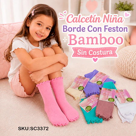 Calcetín Niña Borde Con Feston Bamboo Sin Costura