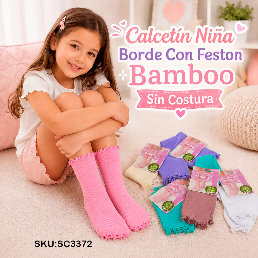 Calcetín Niña Borde Con Feston Bamboo Sin Costura