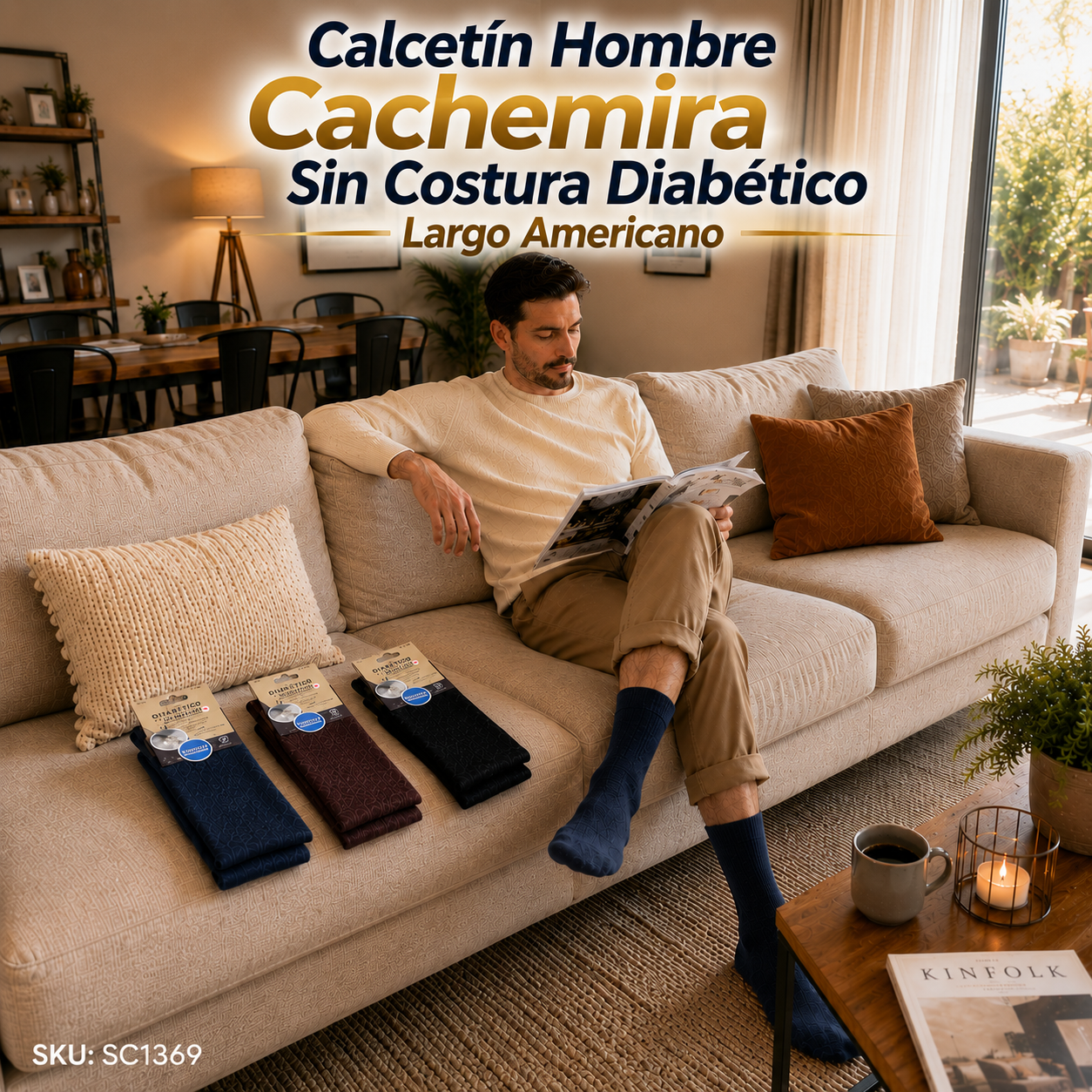 Calcetín Hombre Cachemira Sin Costura Diabético Largo Americano