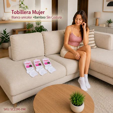 Tobillera Mujer Blanco unicolor +Bamboo Sin Costura  