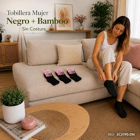Tobillera Mujer Negro unicolor +Bamboo Sin Costura  