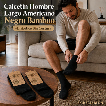 Calcetín Hombre Largo Americano Negro Bamboo +Diabético Sin Costura