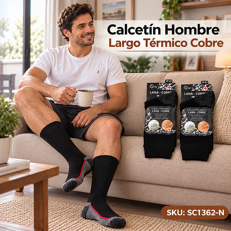 Calcetín NEGRO Hombre Largo Térmico Cobre +Lana 