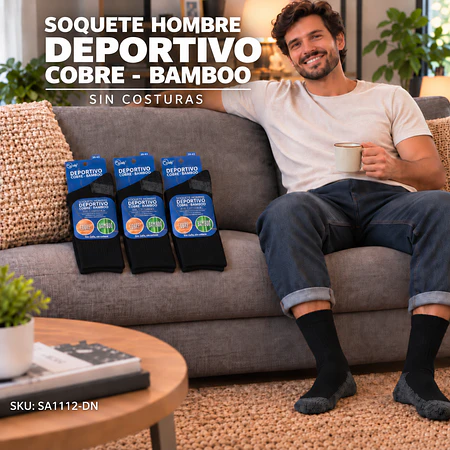 Calcetín Soquete NEGRO Hombre Deportivo Cobre +Bamboo Sin Costura