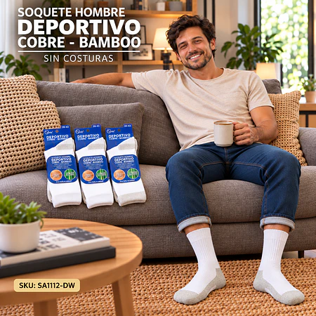 Calcetín Soquete BLANCO Hombre Deportivo Cobre +Bamboo Sin Costura