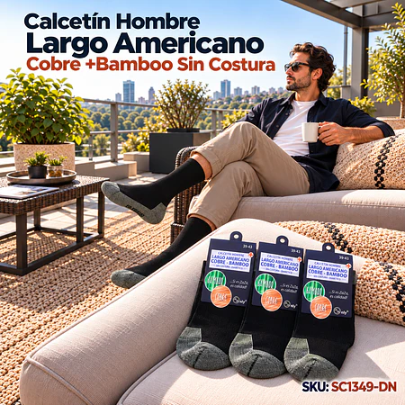 Calcetín Hombre Largo Americano Negro Cobre +Bamboo Sin Costura