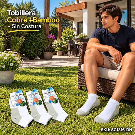 Tobillera BLANCA Hombre Cobre +Bamboo Sin Costura 