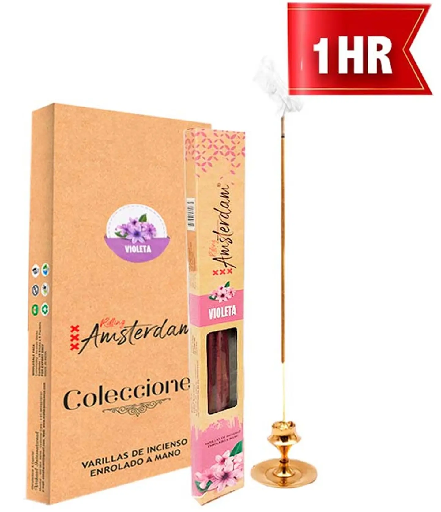 INCIENSO PEQUEÑO ROLLING AMSTERDAM 20 CM VIOLETA 1 HORA ! 1
