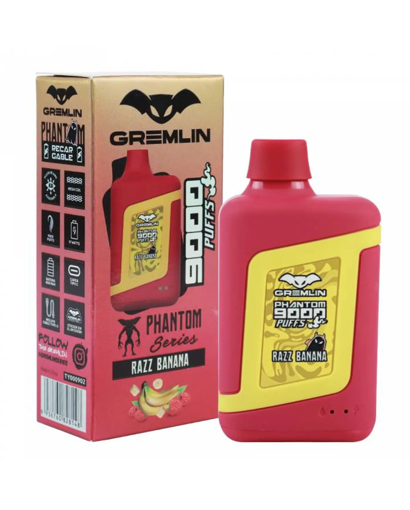 VAPER DESECHABLE RAZZ BANANA PHANTOM 9000 PUFFS 5% - GREMLIN 1