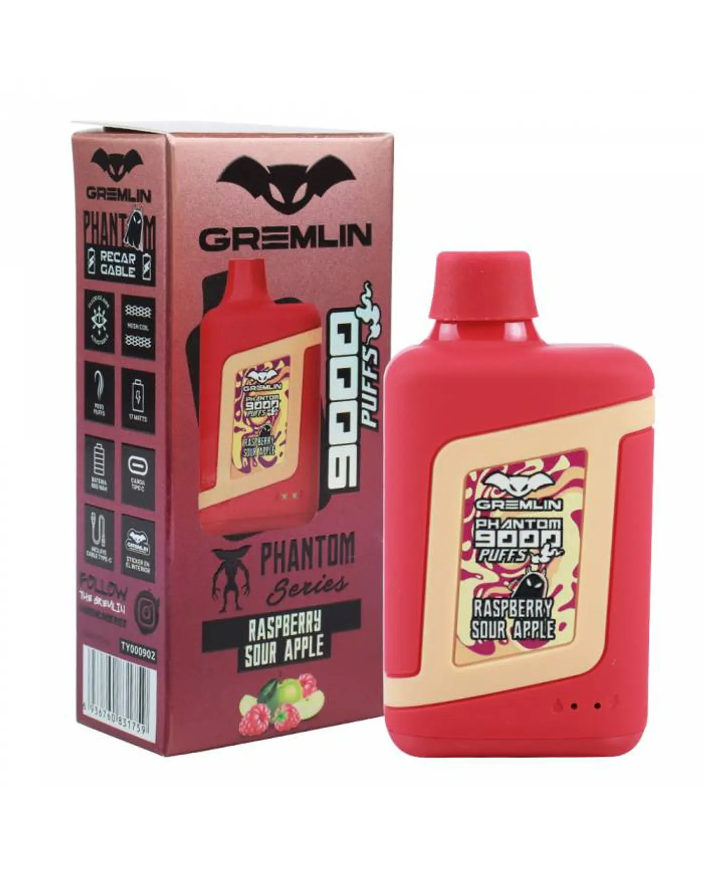 VAPER DESECHABLE RASPBERRY SOUR APPLE PHANTOM 9000 PUFFS 5% - GREMLIN 1