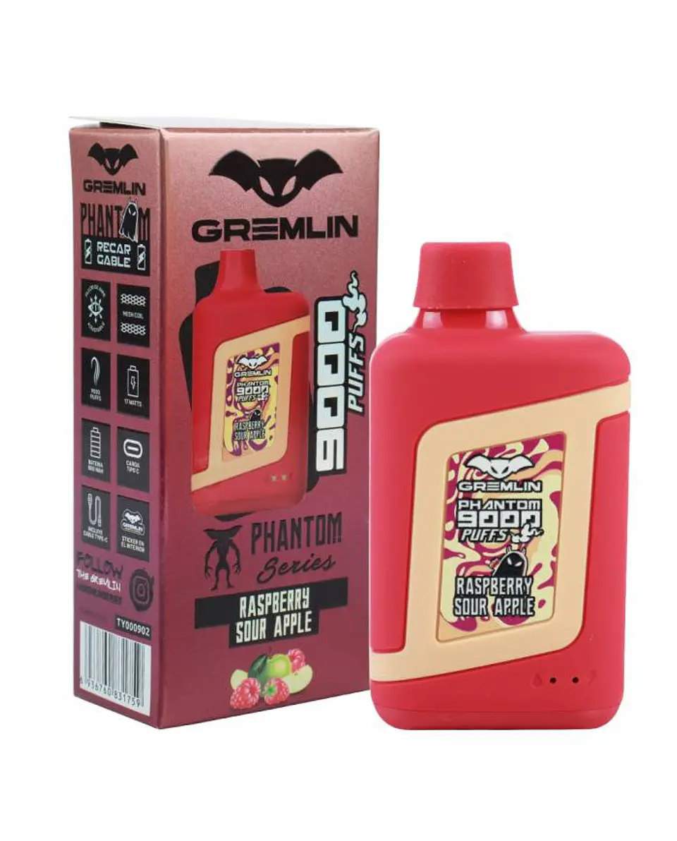 VAPER DESECHABLE RASPBERRY SOUR APPLE PHANTOM 9000 PUFFS 5% - GREMLIN 1