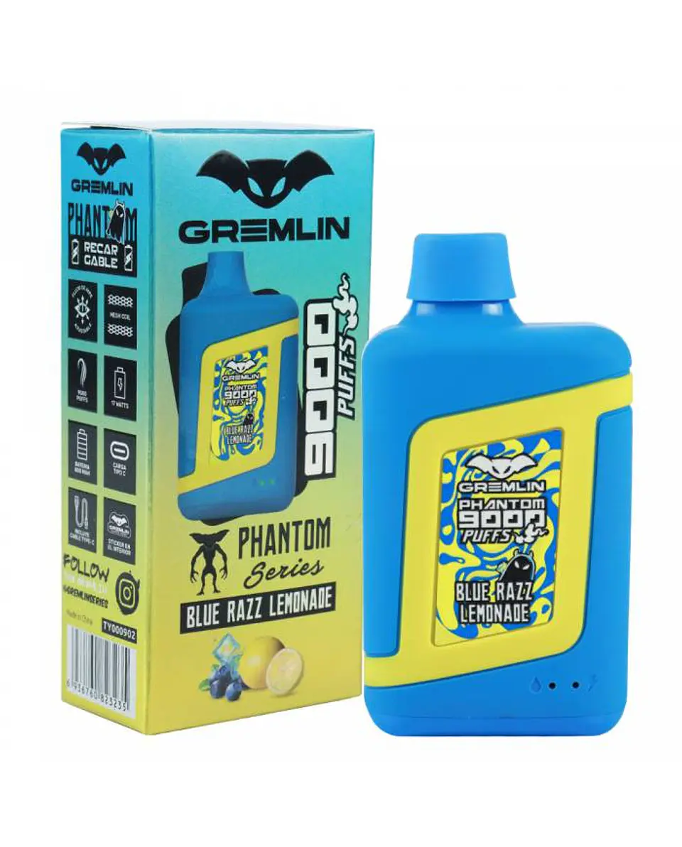 VAPER DESECHABLE BLUE RAZZ LEMONADE PHANTOM 9000 PUFFS 5% - GREMLIN 1