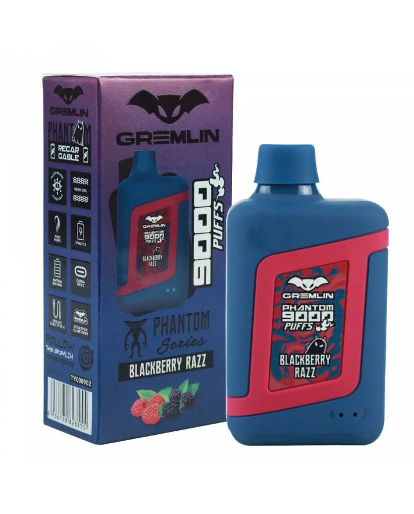 VAPER DESECHABLE BLACKBERRY RAZZ PHANTOM 9000 PUFFS 5% - GREMLIN 1
