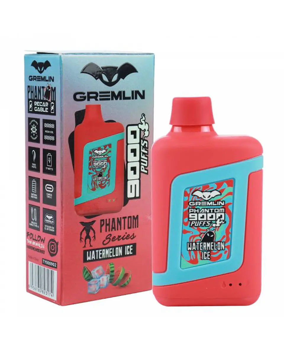 VAPER DESECHABLE WATERMELON ICE PHANTOM 9000 PUFFS 5% - GREMLIN 1