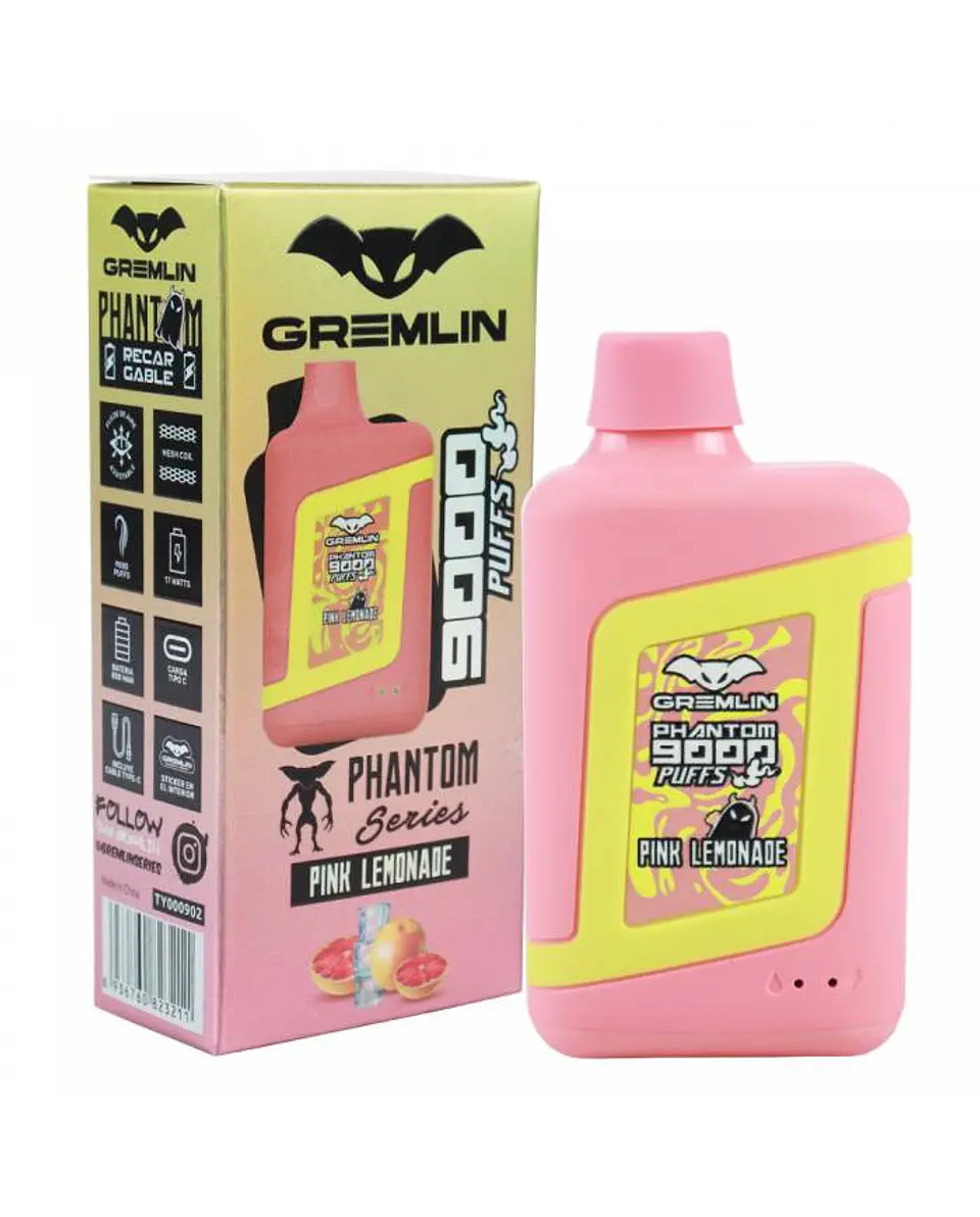 VAPER DESECHABLE PINK LEMONADE PHANTOM 9000 PUFFS 5% - GREMLIN 1