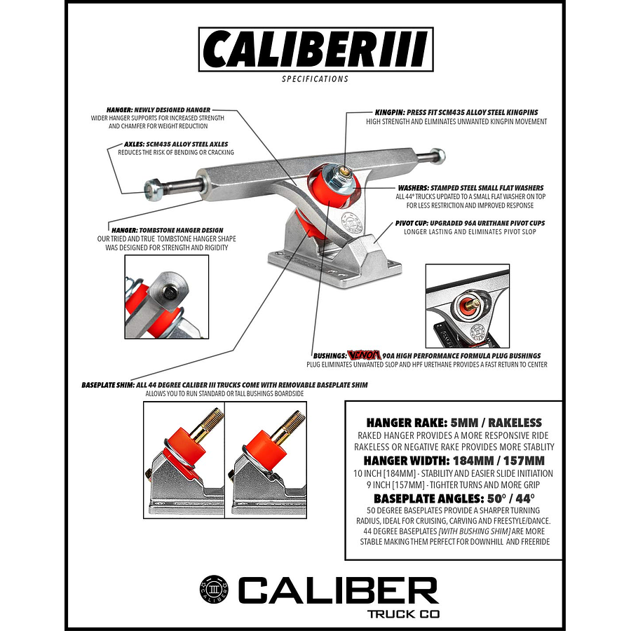 Caliber III Rakeless Trucks  158MM 44° Raw Set