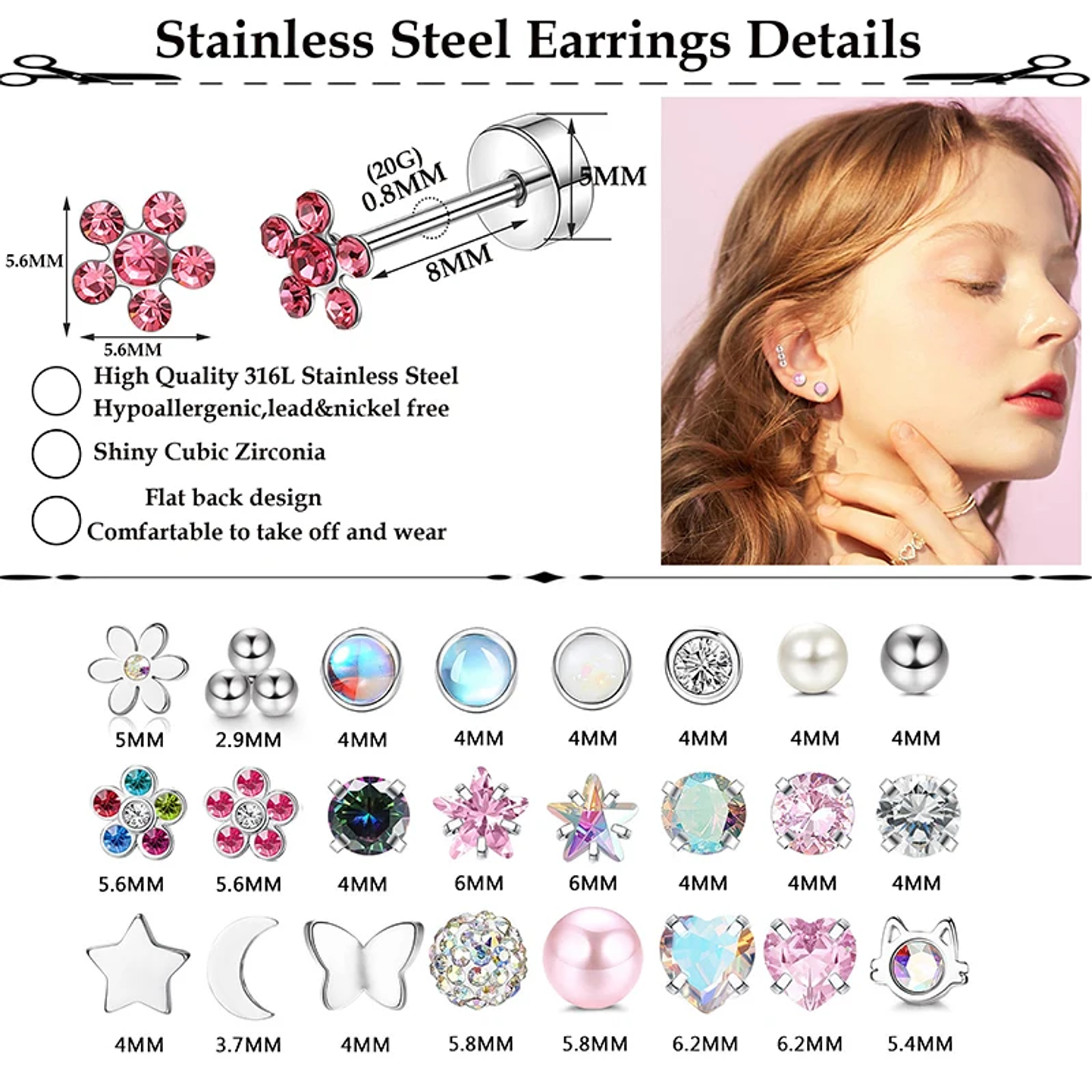 2PCS/Set Stainless Steel Heart Moon Earbone Stud Screw Ball Stud Earrings for Women  2