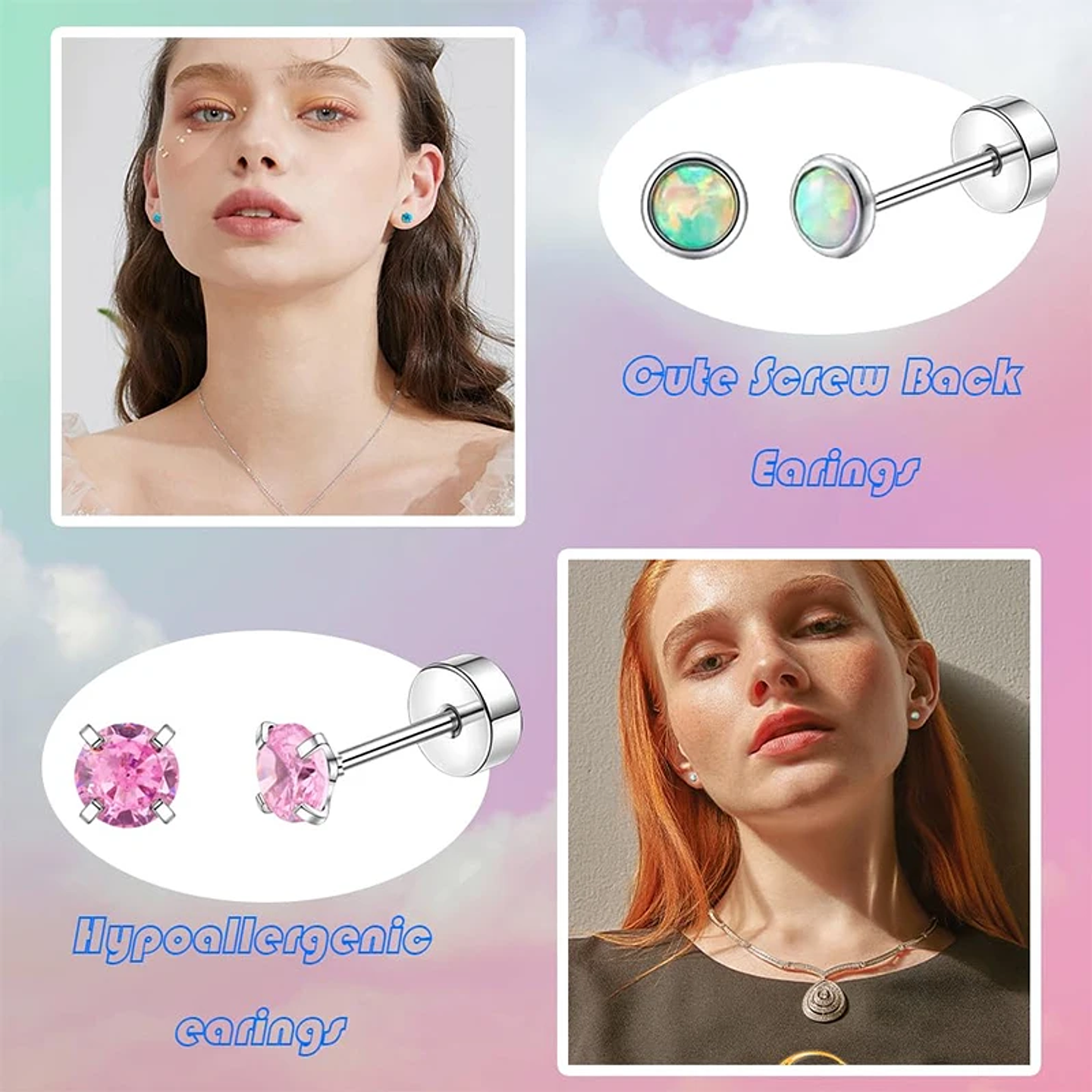 2PCS/Set Stainless Steel Heart Moon Earbone Stud Screw Ball Stud Earrings for Women  4