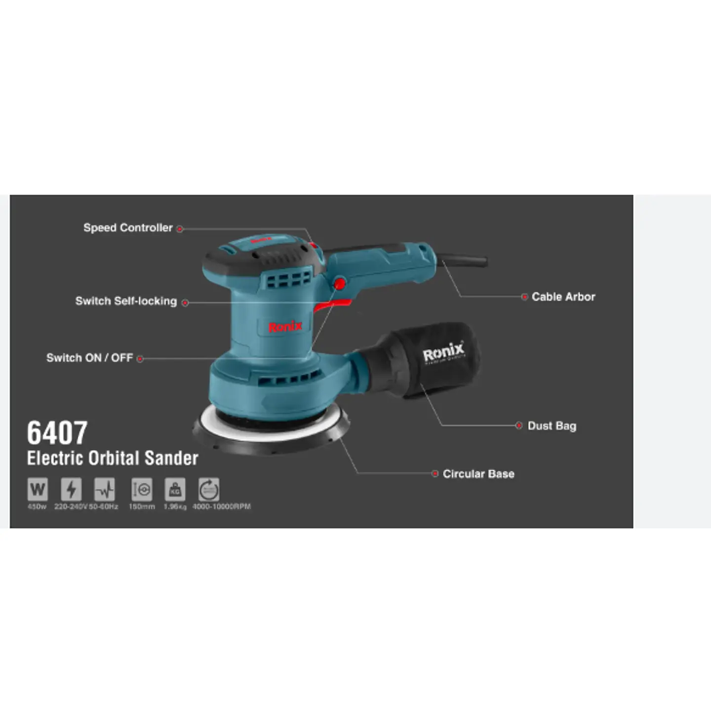 Lijadora Orbital Excéntrica Ronix 6407 – 150 mm / 450W / 220-240V 3