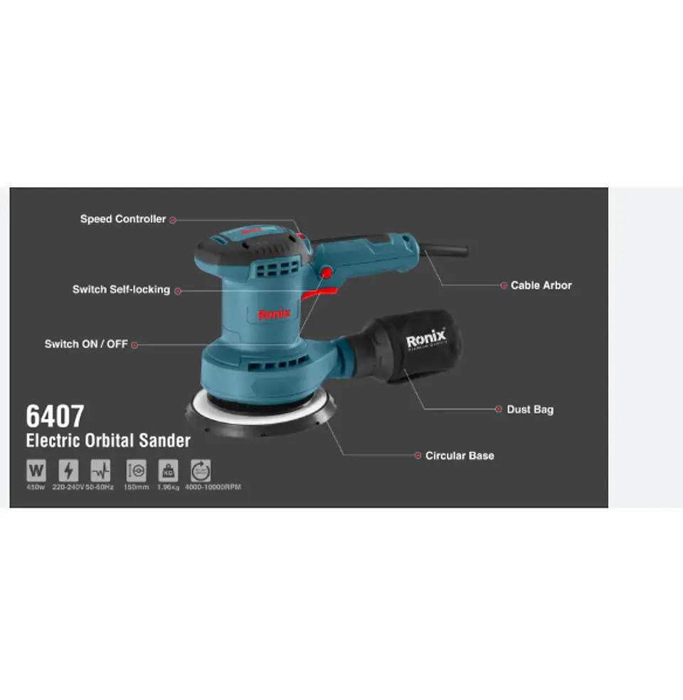 Lijadora Orbital Excéntrica Ronix 6407 – 150 mm / 450W / 220-240V 3