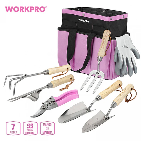 Juego de Herramientas de Jardín 7 Piezas con Bolso Rosado – WP206803