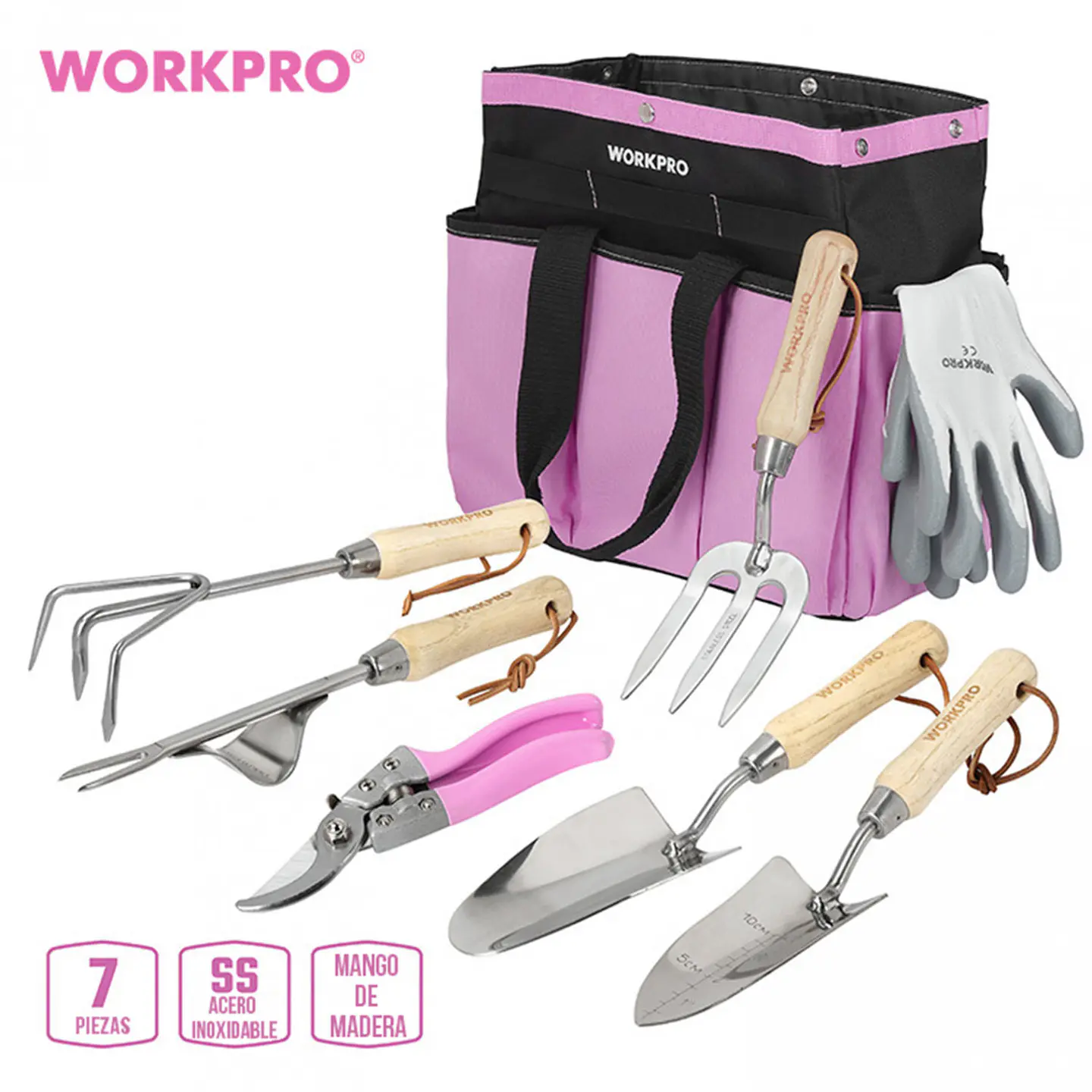 Juego de Herramientas de Jardín 7 Piezas con Bolso Rosado – WP206803 2