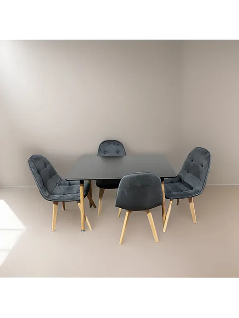 Comedor 4 Sillas Capitone Felpa Gris + Mesa Nordic Negra 100x60
