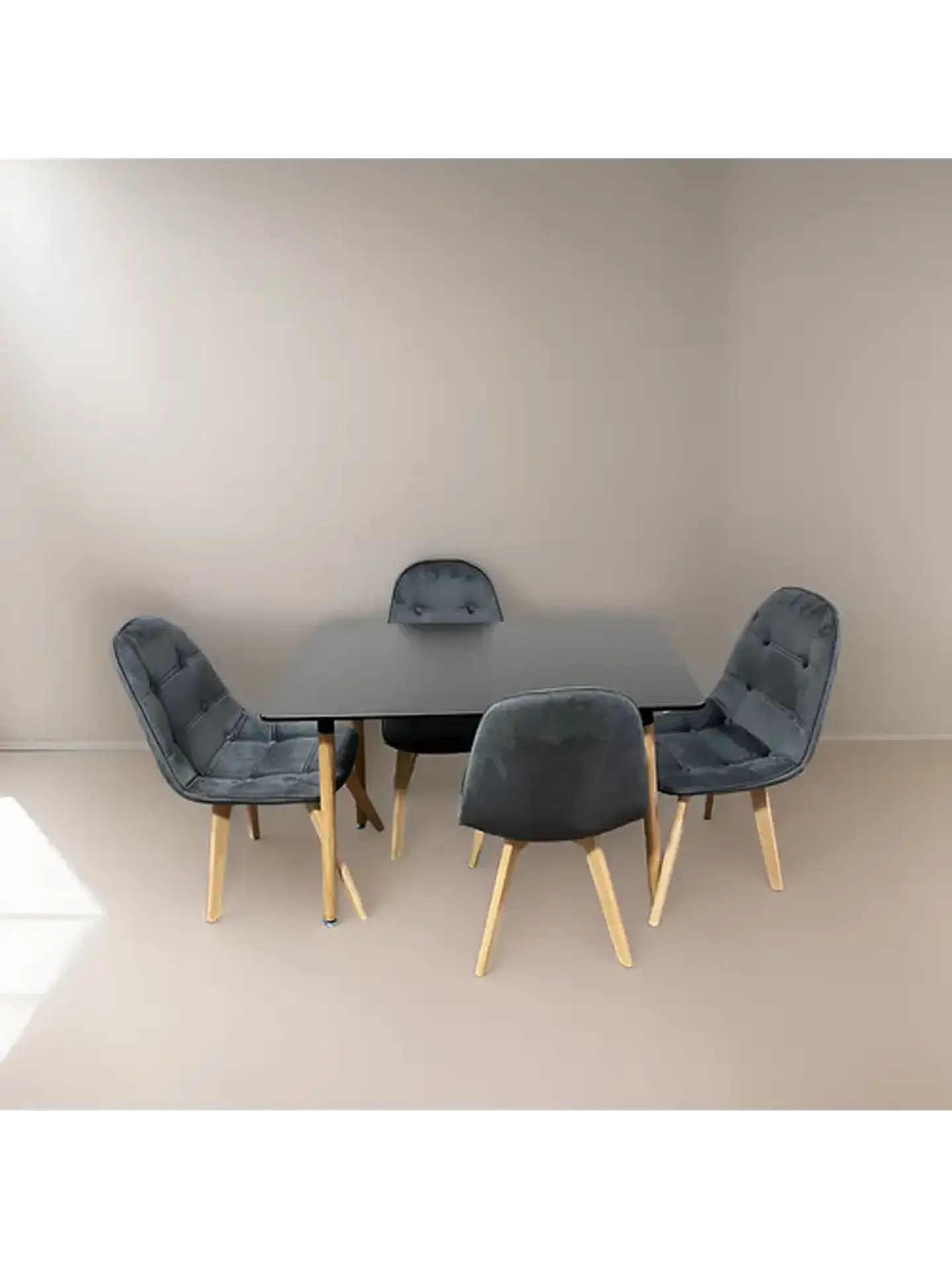 Comedor 4 Sillas Capitone Felpa Gris + Mesa Nordic Negra 100x60 1