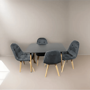 Comedor 4 Sillas Capitone Felpa Gris + Mesa Nordic Negra 100x60