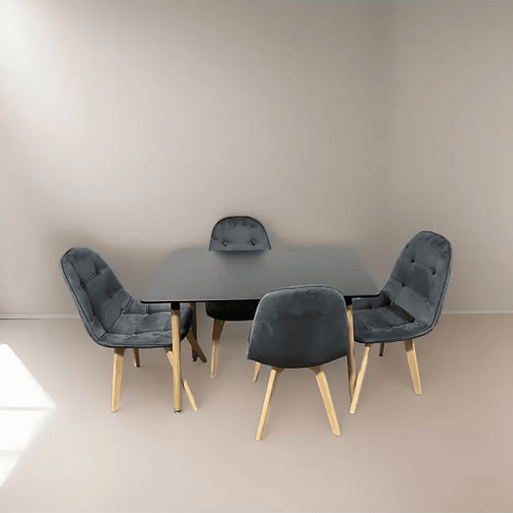 Comedor 4 Sillas Capitone Felpa Gris + Mesa Nordic Negra 100x60 1