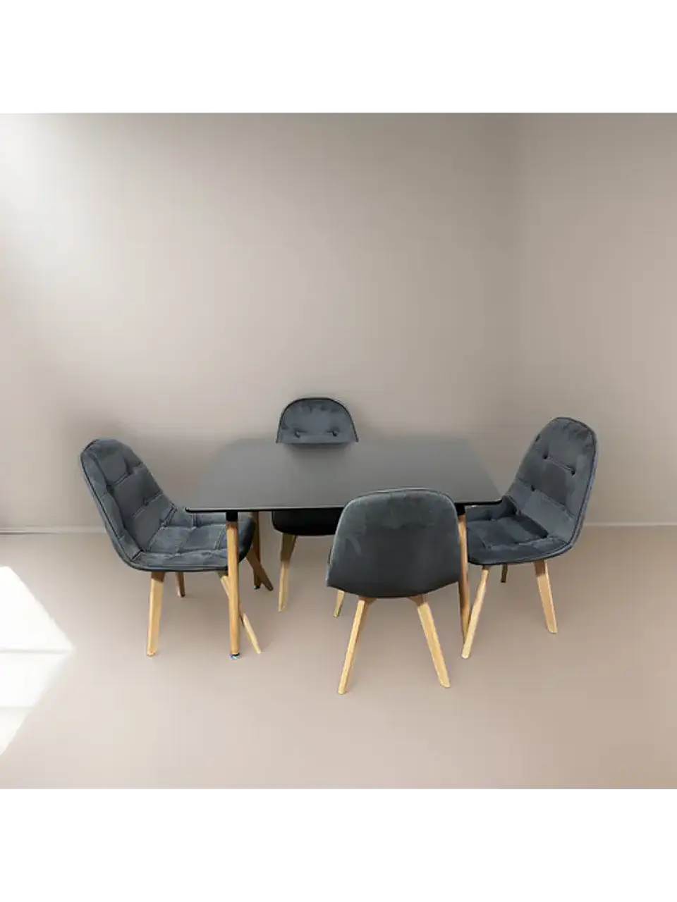 Comedor 4 Sillas Capitone Felpa Gris + Mesa Nordic Negra 100x60 1