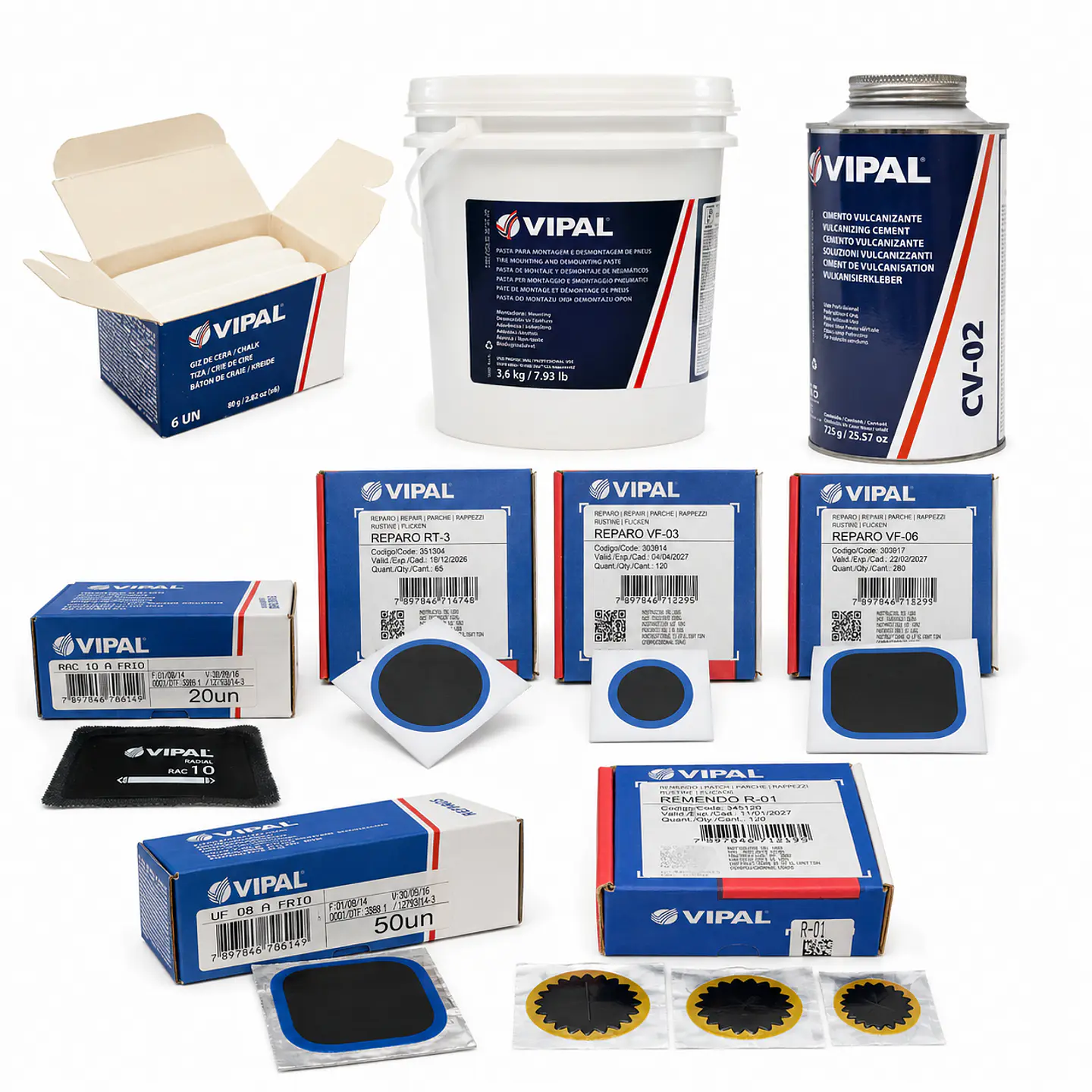 Kit Full Insumos Vulcanización en Frío Vipal – Parches + Cemento + Pasta + Tiza 2