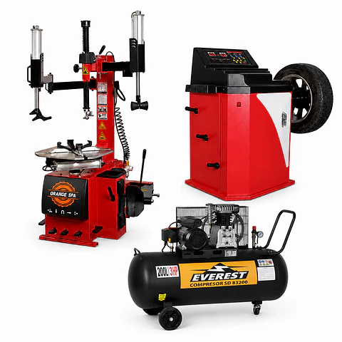 Pack Vulca Pro Desmontadora con Doble Brazo Auxiliar + Balanceadora + Compresor 3 HP 200 Litros