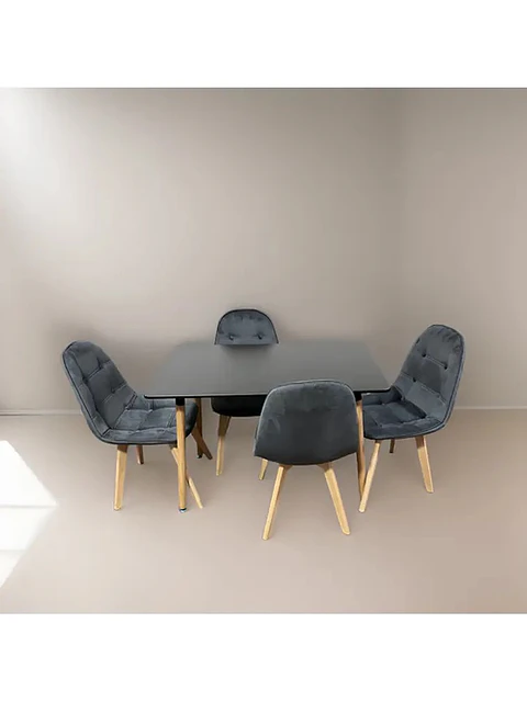 Comedor 4 Sillas Capitone Felpa Gris + Mesa Nordic Negra 100x60