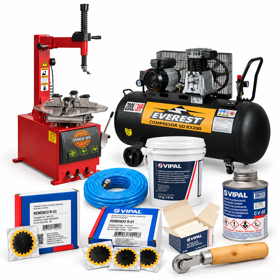 Pack Vulca Moto – Desmontadora de Moto + Compresor + Insumos de Reparación 1