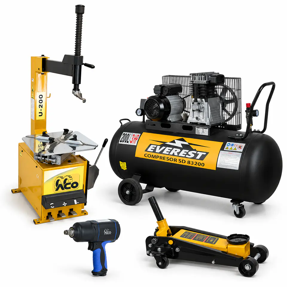 Pack Vulcanización Básico – Desmontadora U-200 + Compresor 3 HP 200L + Gata 3T + Llave de Impacto 800 Nm 1